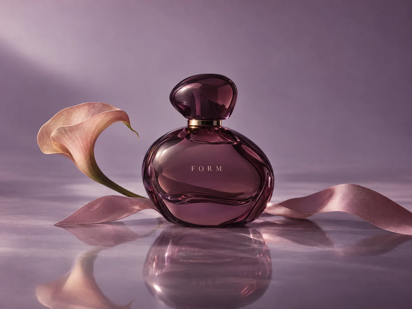 Fictional FORM fragrance concept: a plum glass bottle with a calla lily and ribbon, in soft mauve light