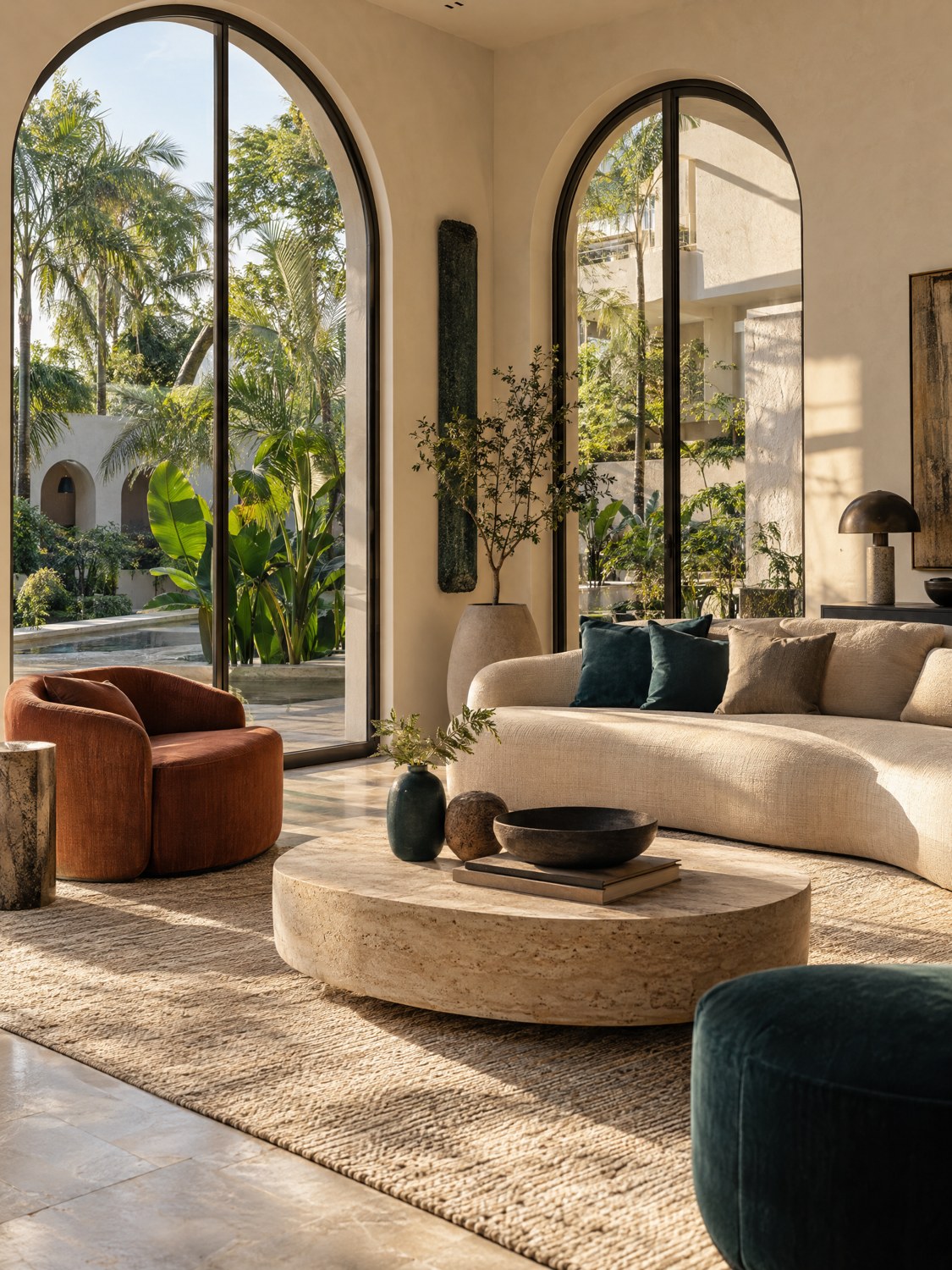 AI-generated illustrative sunlit lounge with arched windows; not a real client property